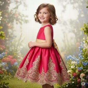 Elegant Pink and Gold Kids Dress with Headband 2T